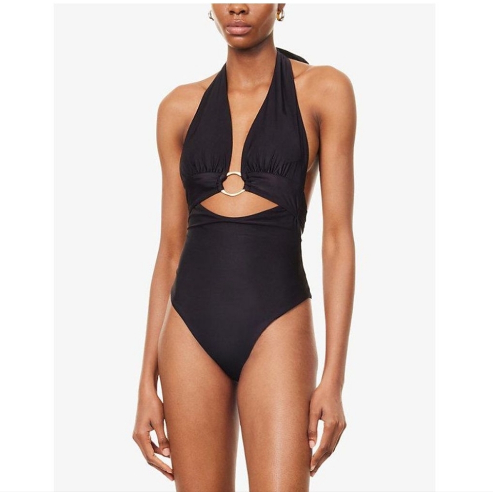 TALA Black Halter Plunge Gold Ring Bikini Swimsuit